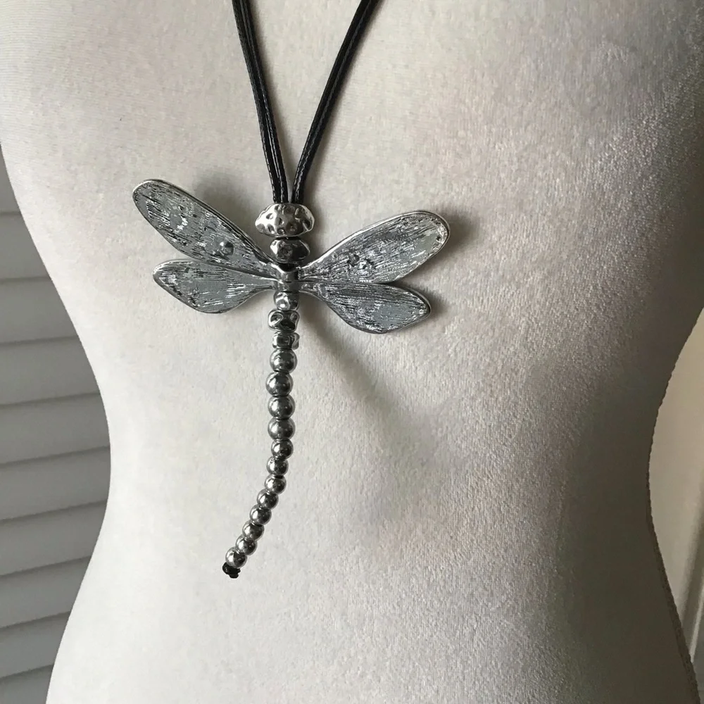 LAST 1! NEW Dragonfly Statement Necklace Movable Wings Gardener Black Cord Lucky